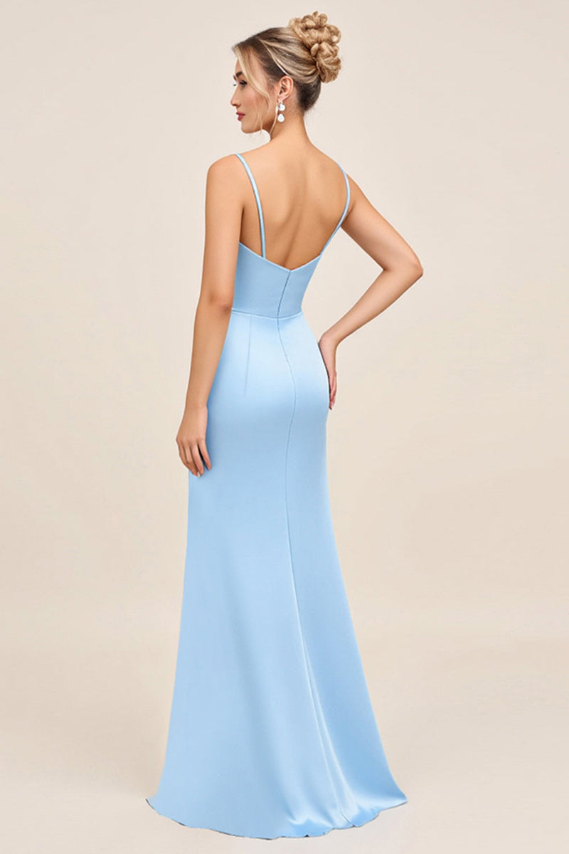 Load image into Gallery viewer, Sky Blue Mermaid Spaghetti Straps Ruched Satin Long Bridesmaid Dress with Slit