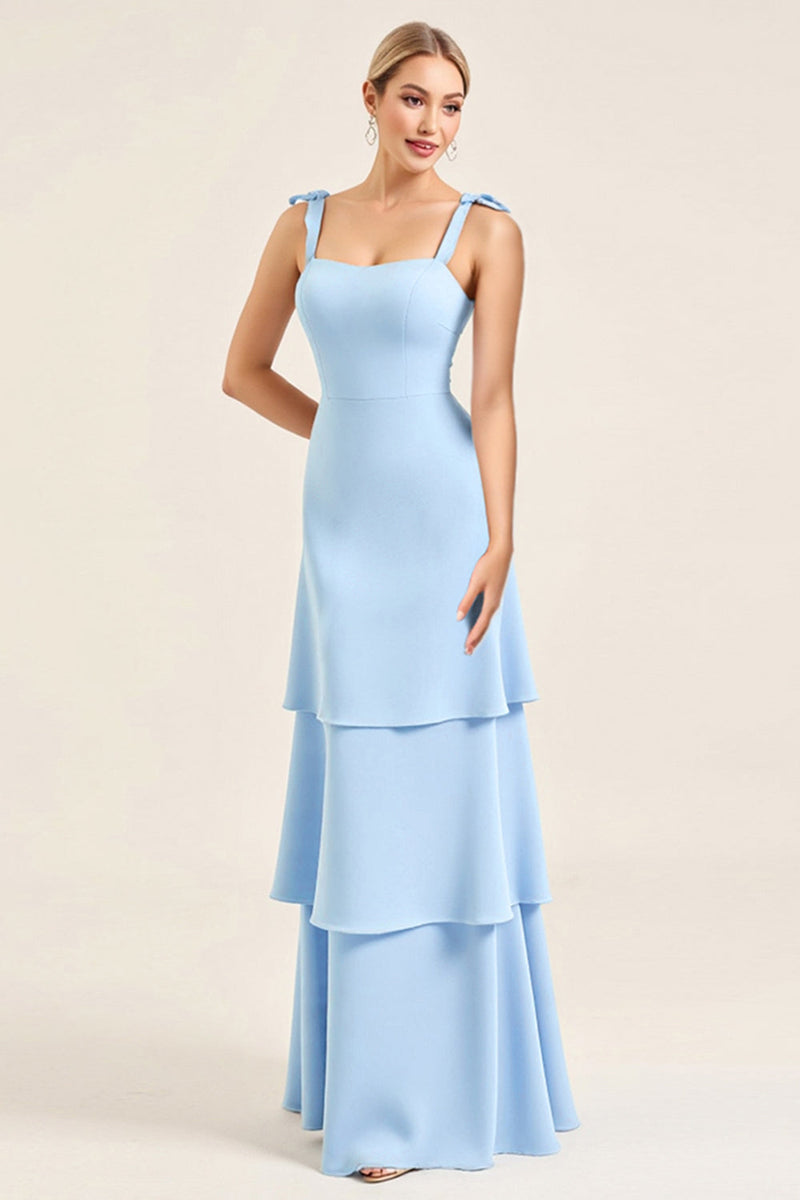Load image into Gallery viewer, Sky Blue Sheath Ruffles Spaghetti Straps Long Bridesmaid Dress with Slit