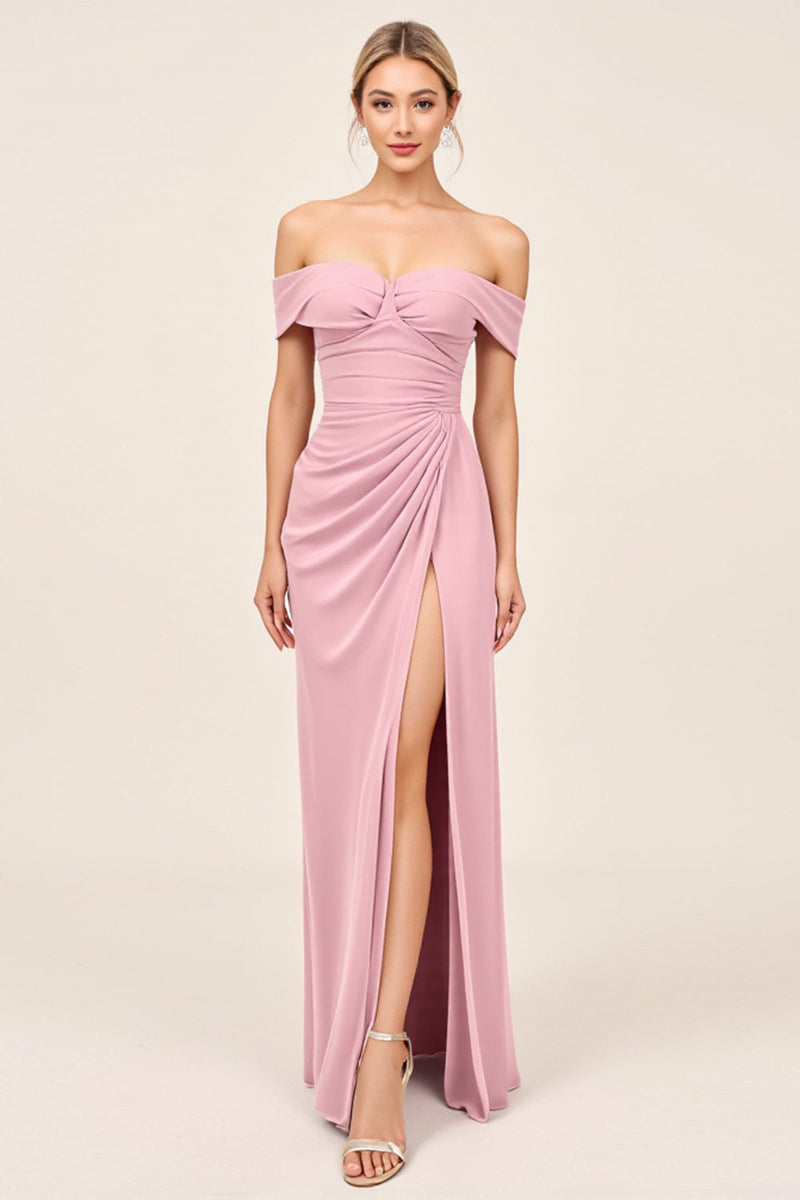Load image into Gallery viewer, Blush Pink Off the Shoulder Ruched Sheath Long Bridesmaid Dress with Slit