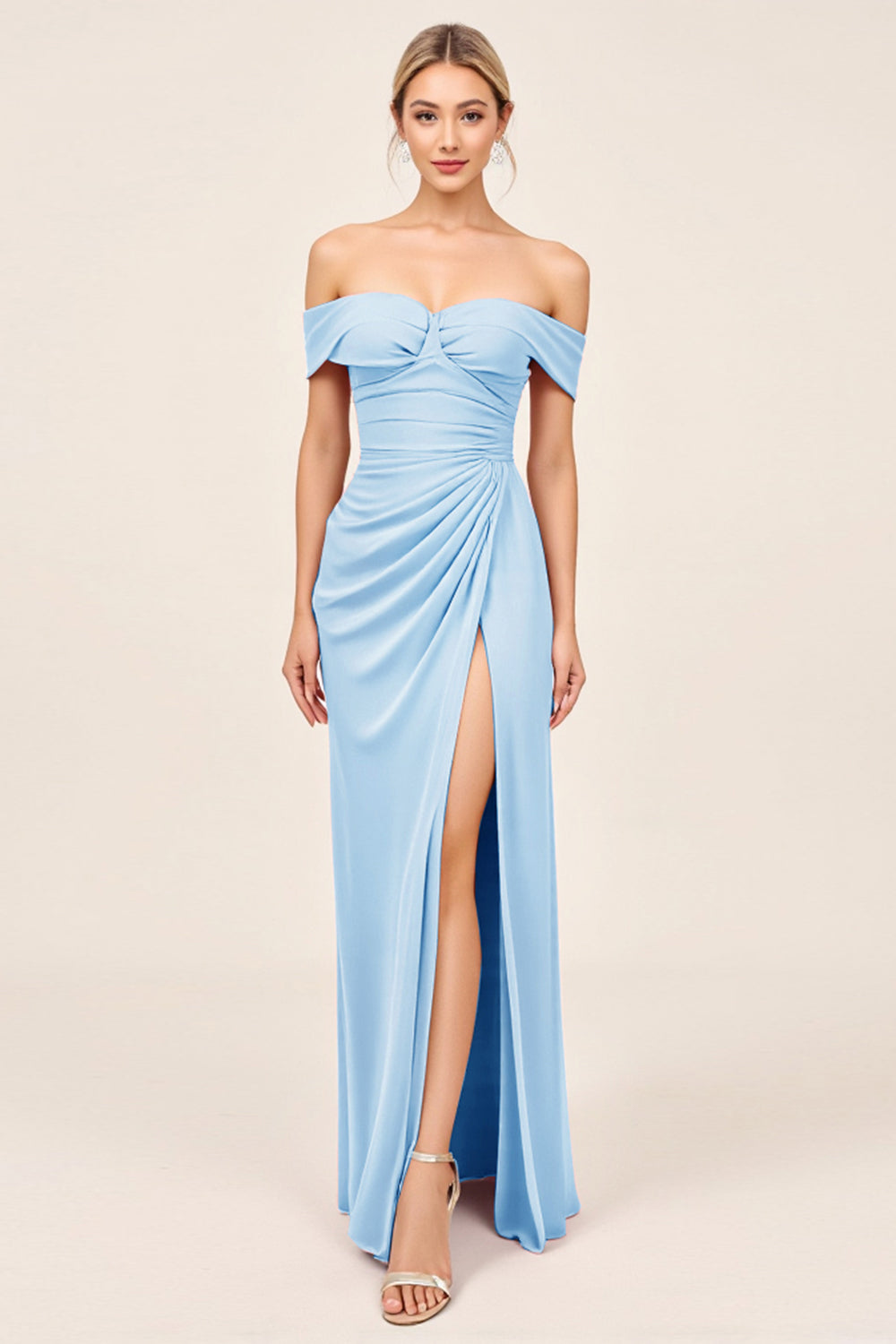 Blush Pink Off the Shoulder Ruched Sheath Long Bridesmaid Dress with Slit