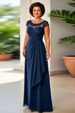 Navy Sheath Scoop Neck Ruffle Long Mother of the Bride Dress with Lace