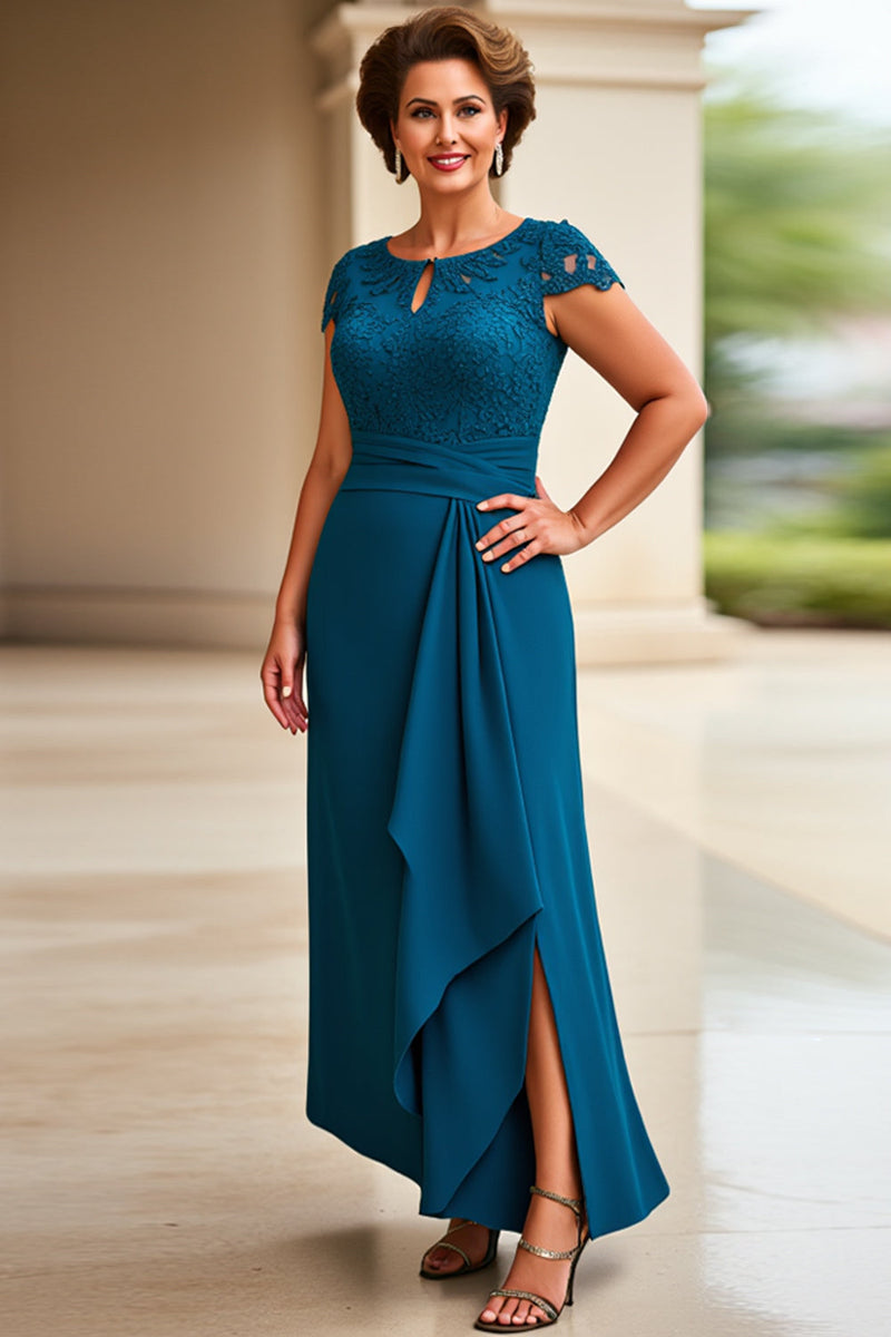 Load image into Gallery viewer, Ink Blue Sheath Ruffle Cap Sleeves Long Mother of the Bride Dress with Lace