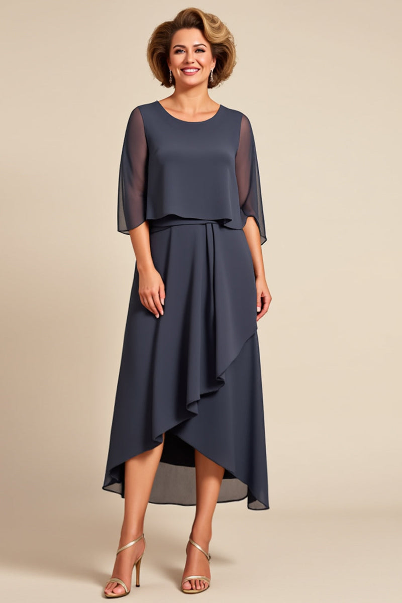 Load image into Gallery viewer, Steel Grey Sheath Scoop Ruffle Chiffon Tea Length Mother of the Bride Dress
