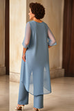 Dusty Blue Chiffon Plus Size Mother Of The Bride Pantsuits