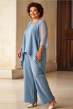 Dusty Blue Chiffon Plus Size Mother Of The Bride Pantsuits