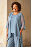 Dusty Blue Chiffon Plus Size Mother Of The Bride Pantsuits