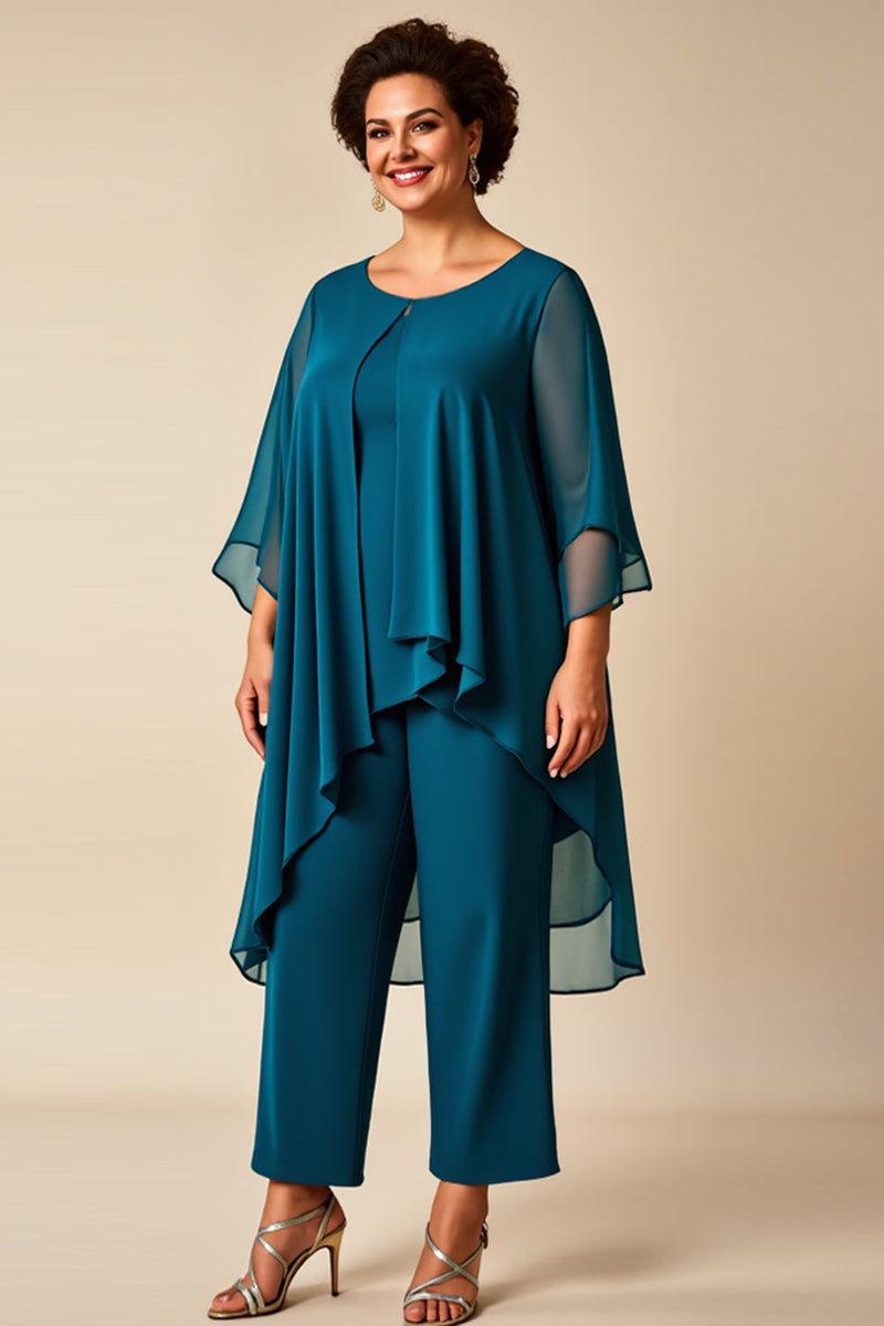 Load image into Gallery viewer, Chiffon Peacock Round Neck Plus Size Mother Of Bride Pantsuits