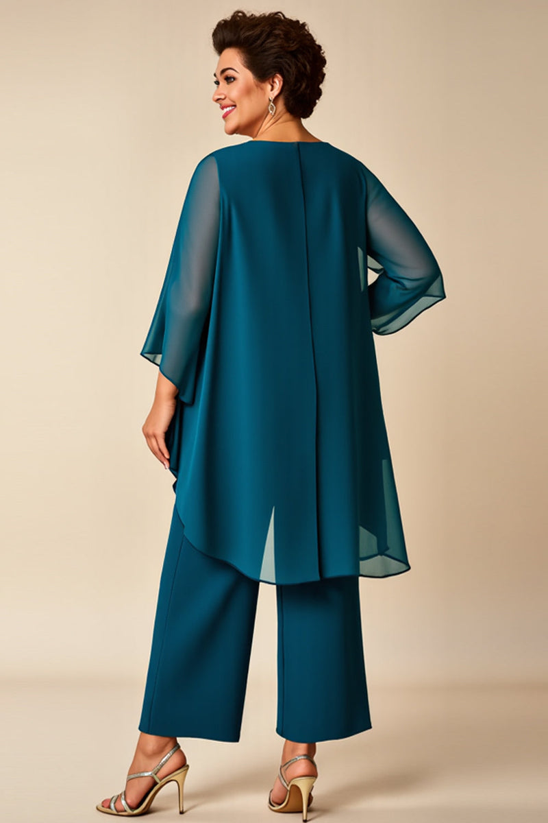 Load image into Gallery viewer, Chiffon Peacock Round Neck Plus Size Mother Of Bride Pantsuits
