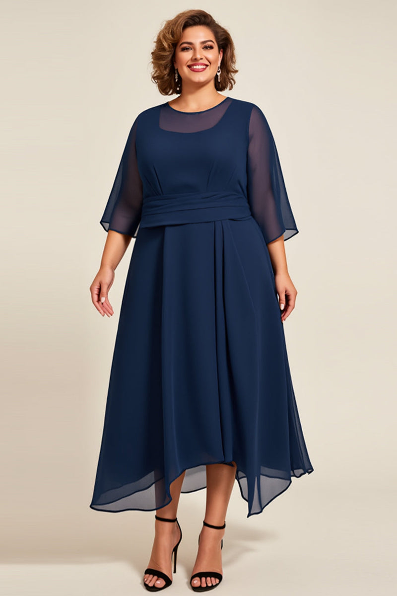 Load image into Gallery viewer, Navy Chiffon A Line Plus Size Mother Of Bride Dress with 3/4 Sleeves