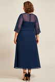 Navy Chiffon A Line Plus Size Mother Of Bride Dress with 3/4 Sleeves