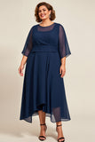 Navy Chiffon A Line Plus Size Mother Of Bride Dress with 3/4 Sleeves