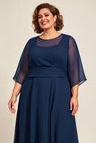 Navy Chiffon A Line Plus Size Mother Of Bride Dress with 3/4 Sleeves