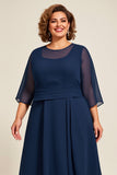 Navy Chiffon A Line Plus Size Mother Of Bride Dress with 3/4 Sleeves