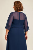 Navy Chiffon A Line Plus Size Mother Of Bride Dress with 3/4 Sleeves