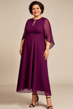 Chiffon A Line Purple Tea Length Plus Size Mother Of The Bride Dress