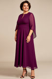 Chiffon A Line Purple Tea Length Plus Size Mother Of The Bride Dress