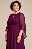 Chiffon A Line Purple Tea Length Plus Size Mother Of The Bride Dress