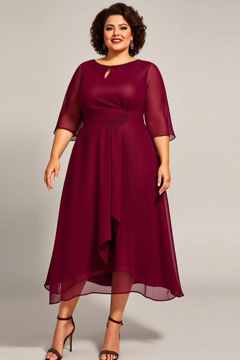 Load image into Gallery viewer, Burgundy Chiffon A Line Plus Size Mother Of Bride Dress with 3/4 Sleeves