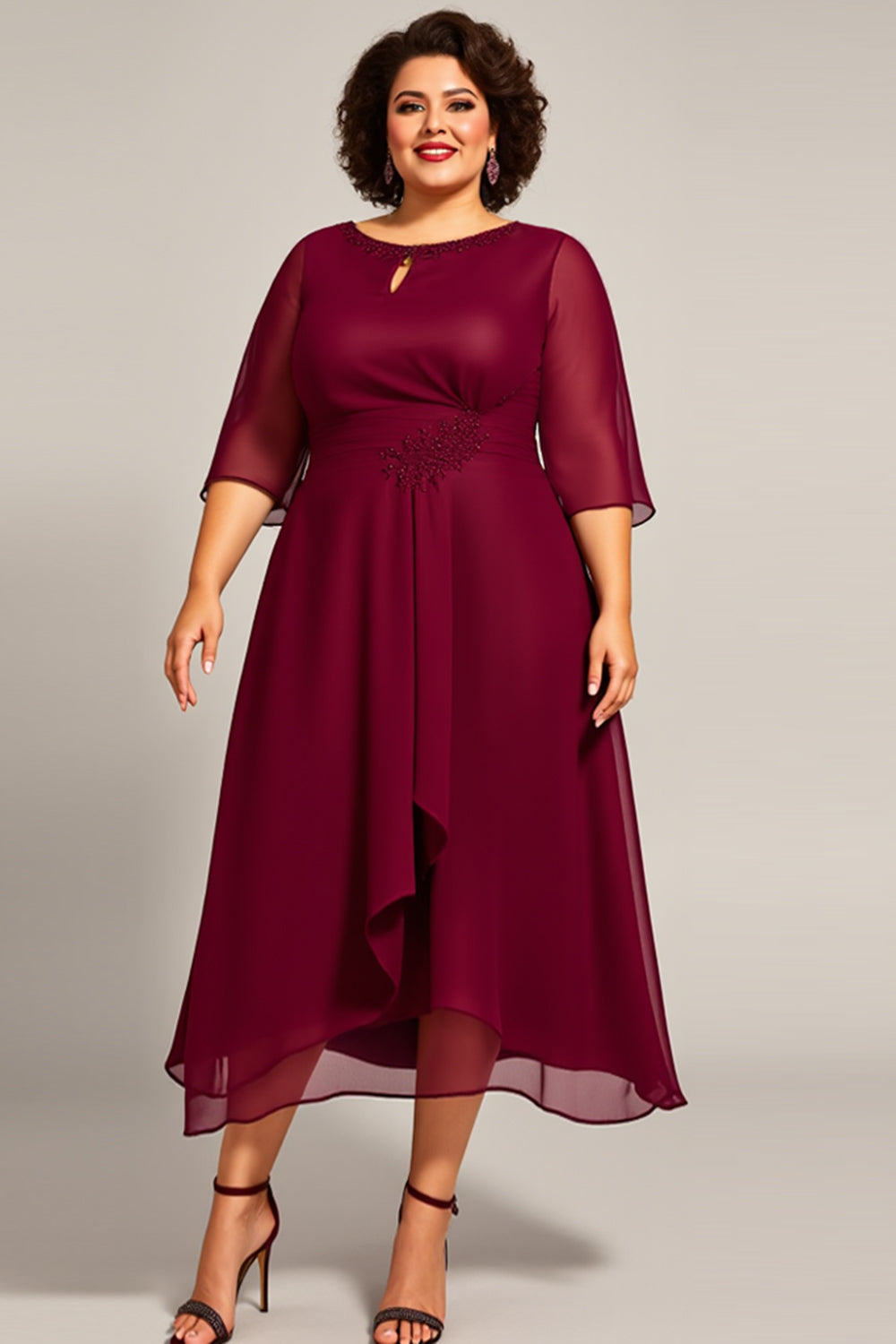 Burgundy Chiffon A Line Plus Size Mother Of Bride Dress with 3/4 Sleeves