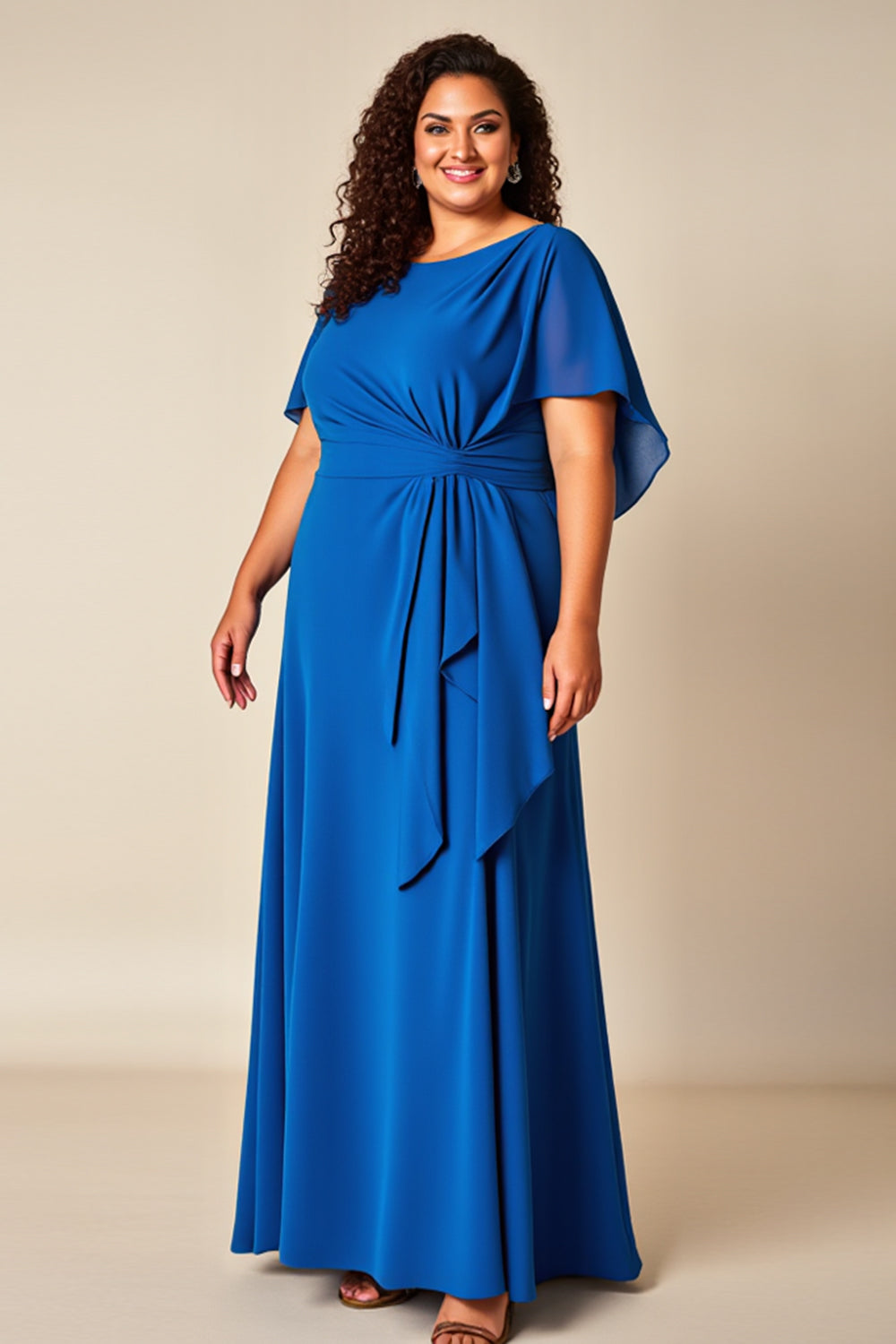 Royal Blue Chiffon Long Plus Size Mother Of The Bride Dress with Short Sleeves