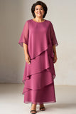 Vintage Mauve Chiffon Ruffled Plus Size Mother Of The Bride Dress with Half Sleeves