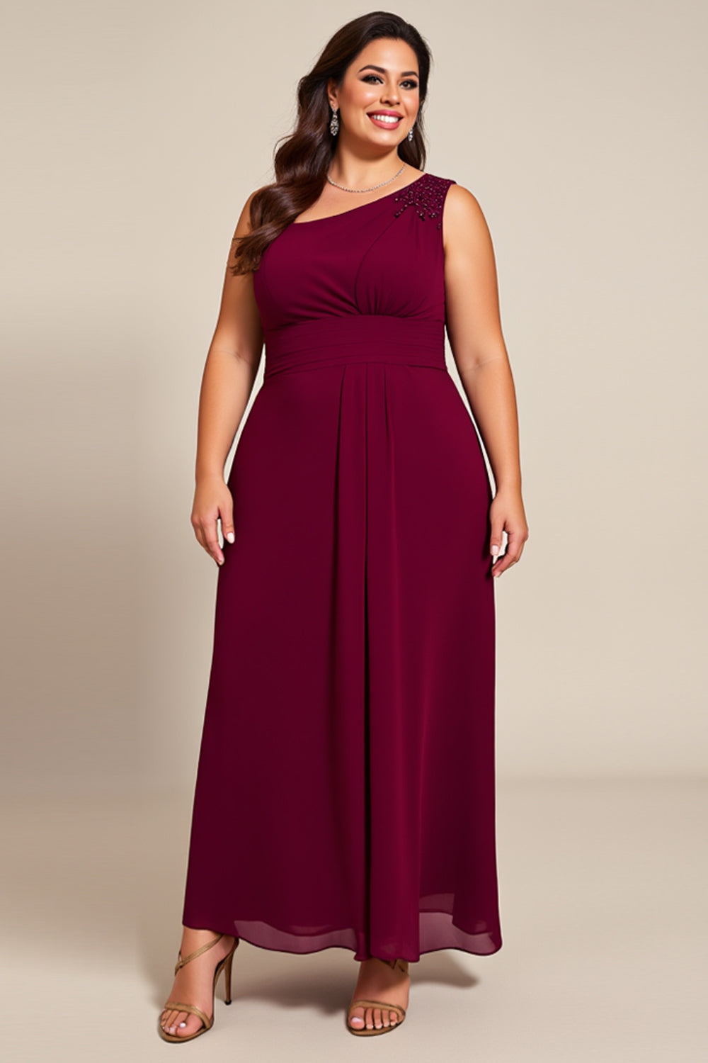 Burgundy A Line Chiffon One Shoulder Long Mother Of The Bride Dress