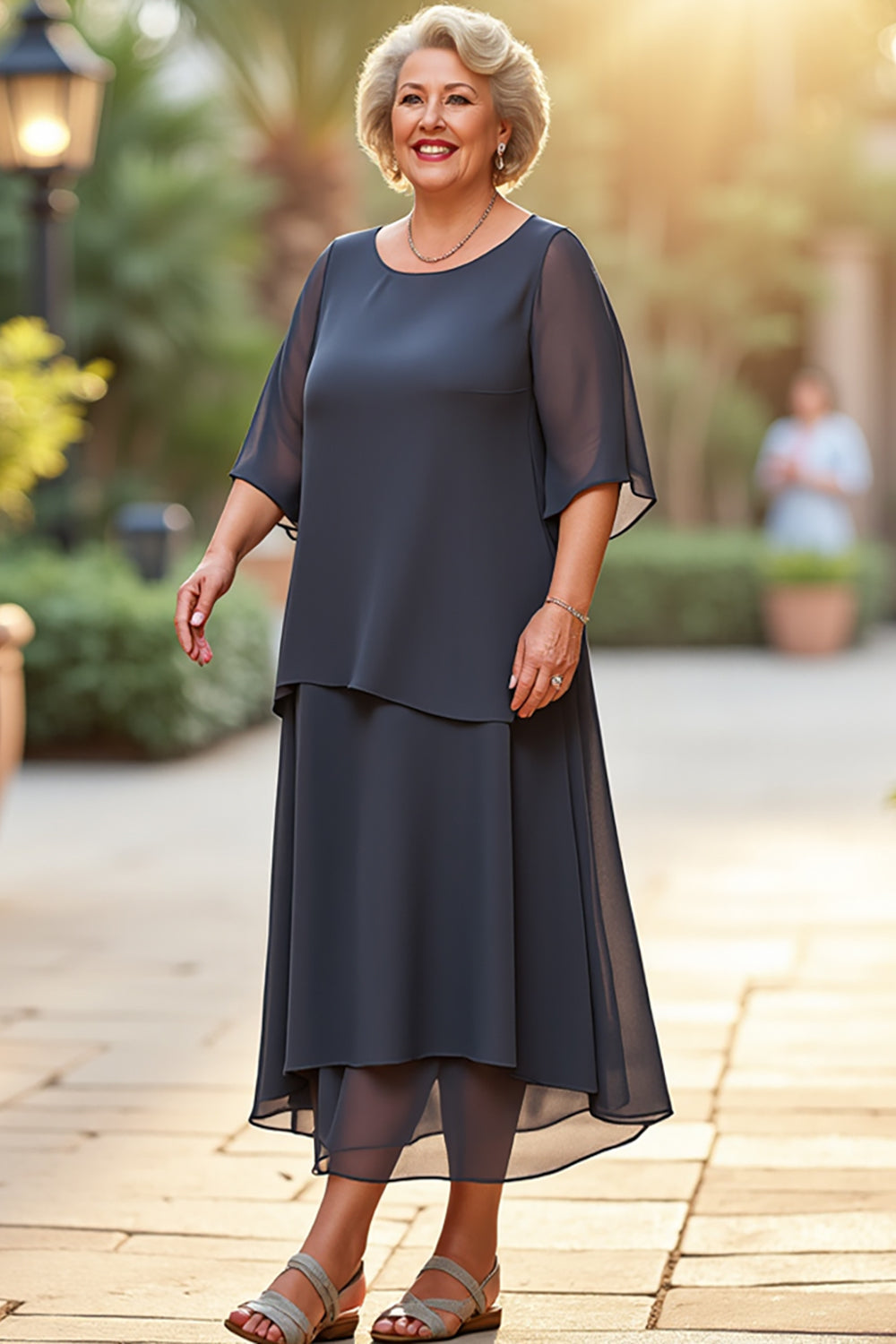 Steel Grey Chiffon Round Neck Plus Size Mother of the Bride Dress