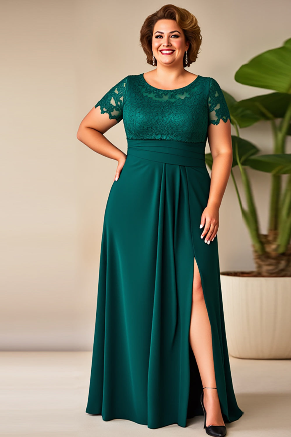 Pine Chiffon Lace Plus Size Mother of the Bride Dress with Slit