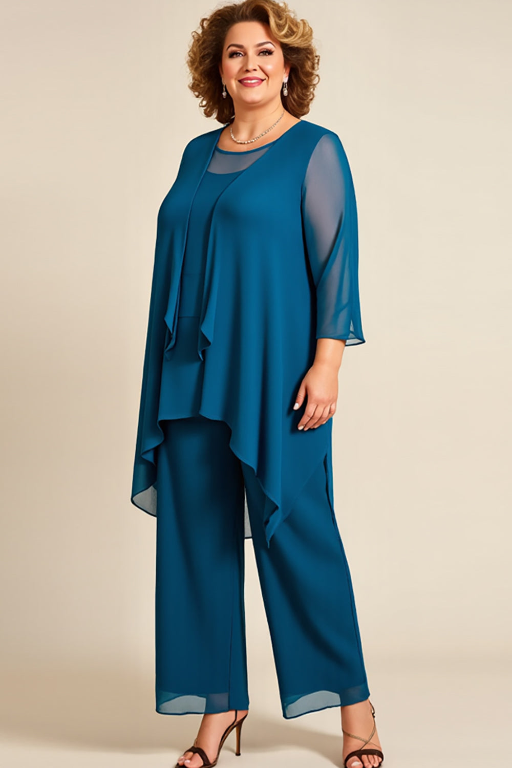 Ink Blue Plus Size Chiffon Mother of The Bride Pant Suits