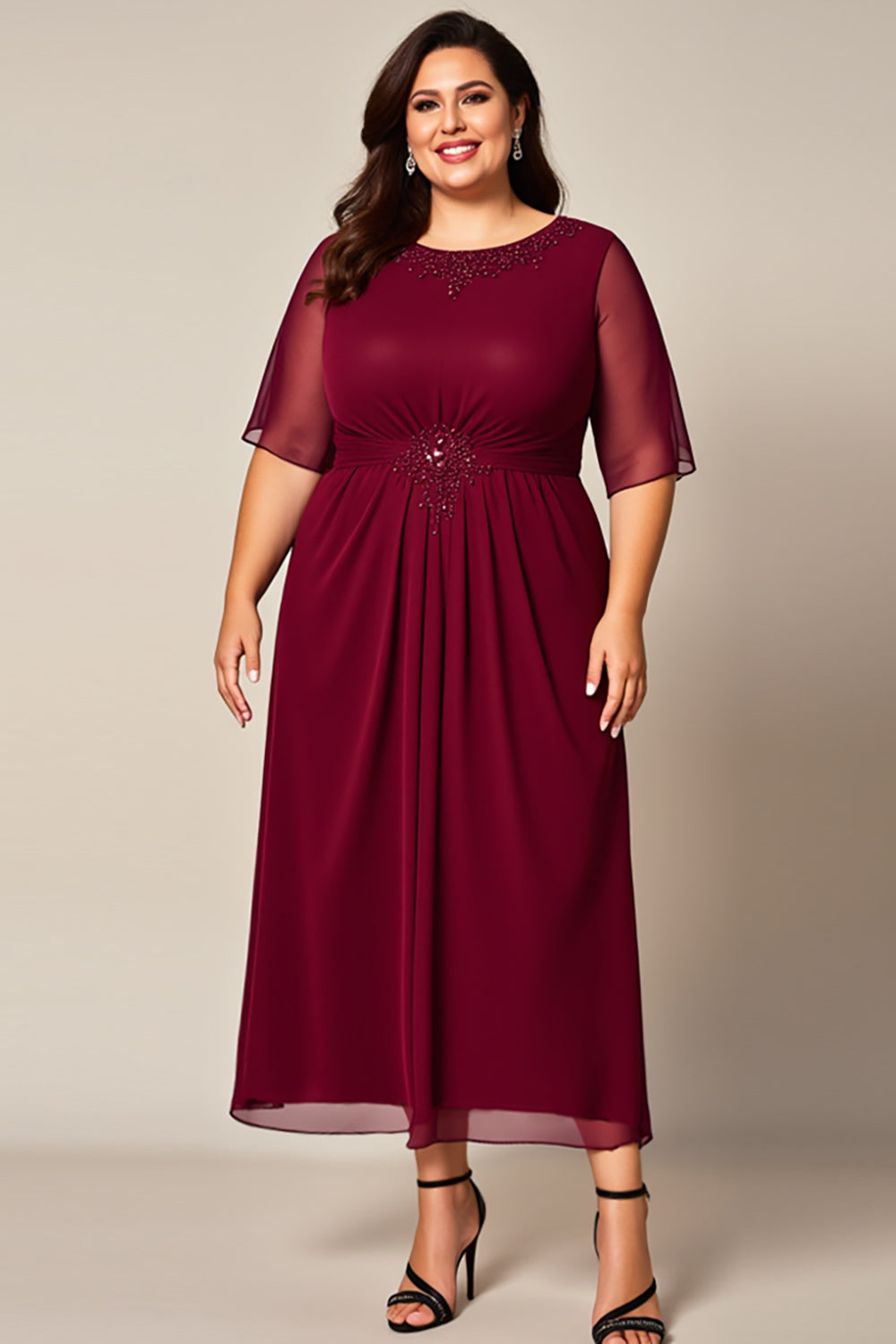 Burgundy Chiffon Ruched Beaded Plus Size Mother of the Bride Dress