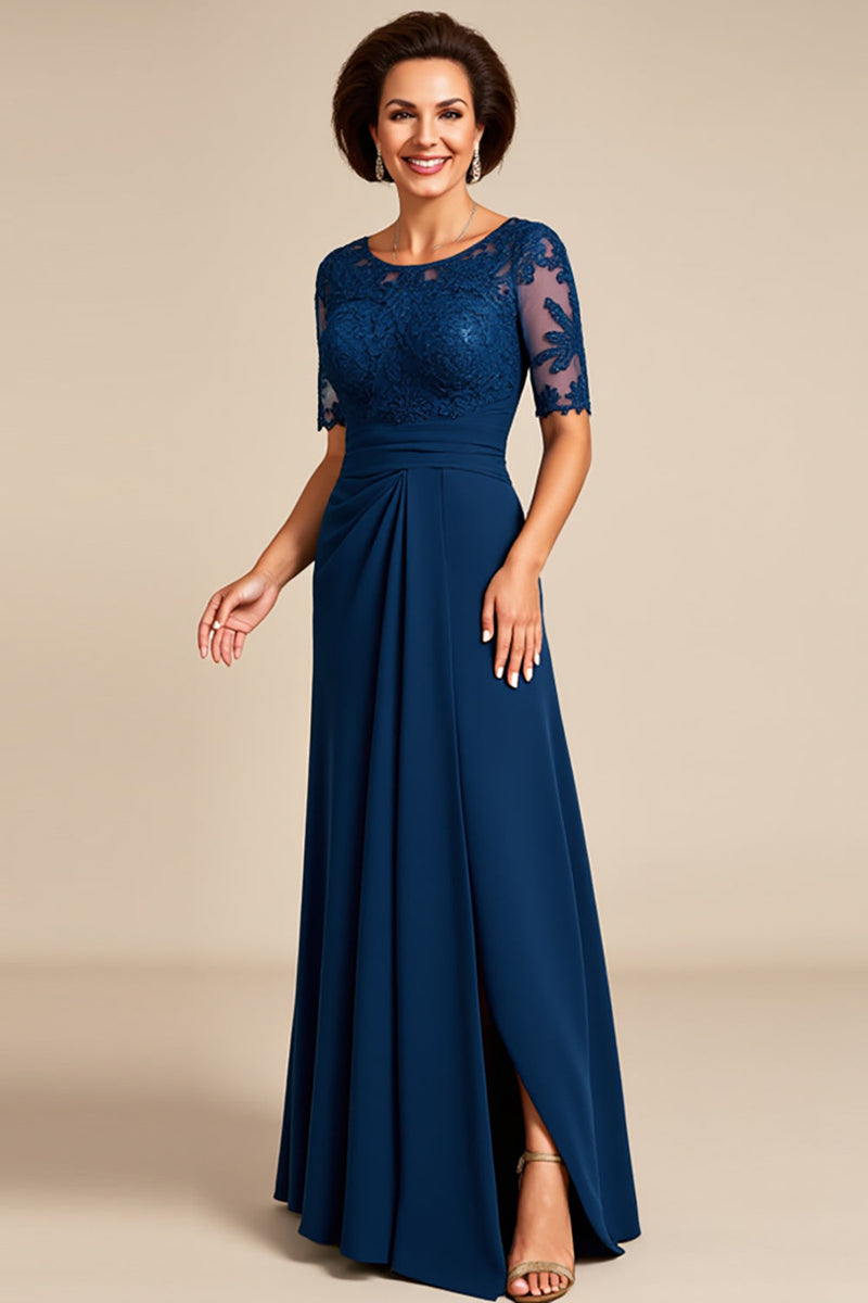 Load image into Gallery viewer, Chiffon Lace Navy Mother of the Bride Dress with Slit
