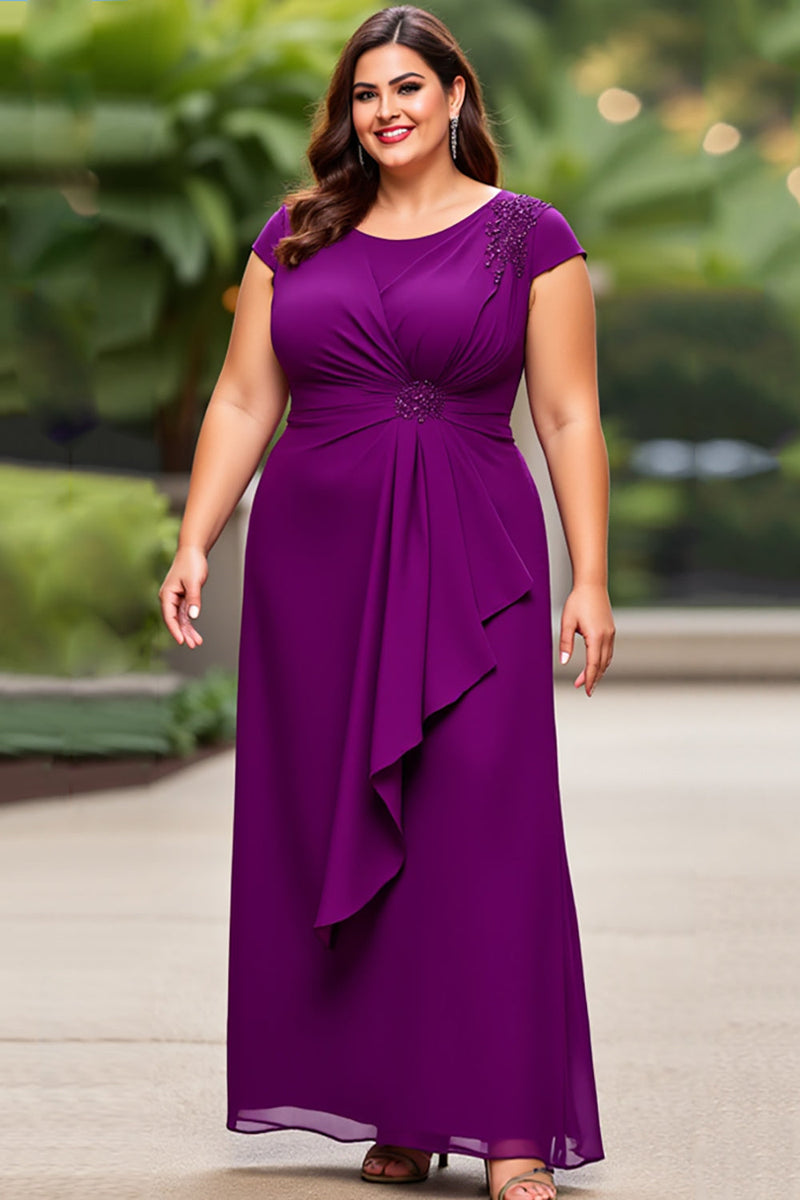 Load image into Gallery viewer, Purple Ruched Chiffon Plus Size Mother of the Bride Dress with Beading