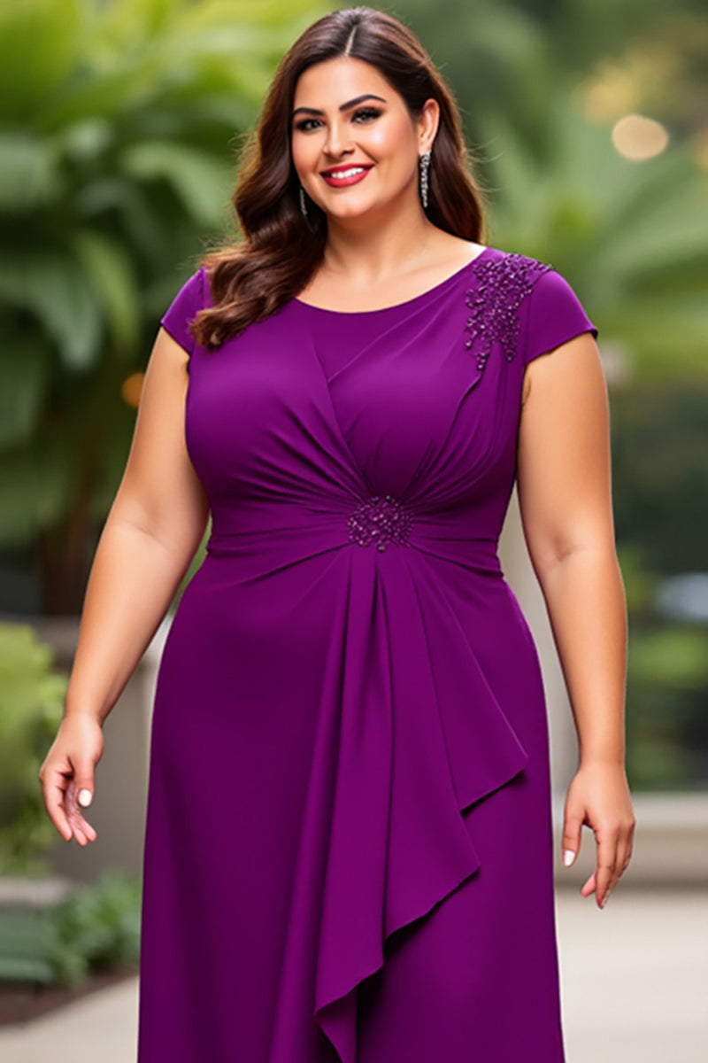 Load image into Gallery viewer, Purple Ruched Chiffon Plus Size Mother of the Bride Dress with Beading