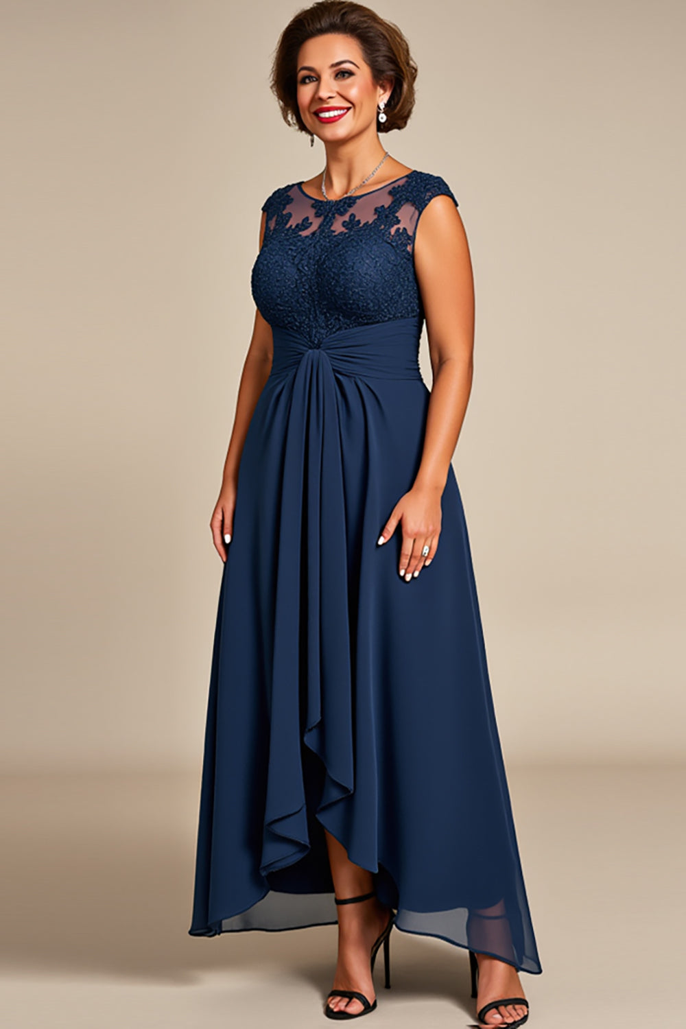 Navy A Line Chiffon Lace Mother of the Bride Dress