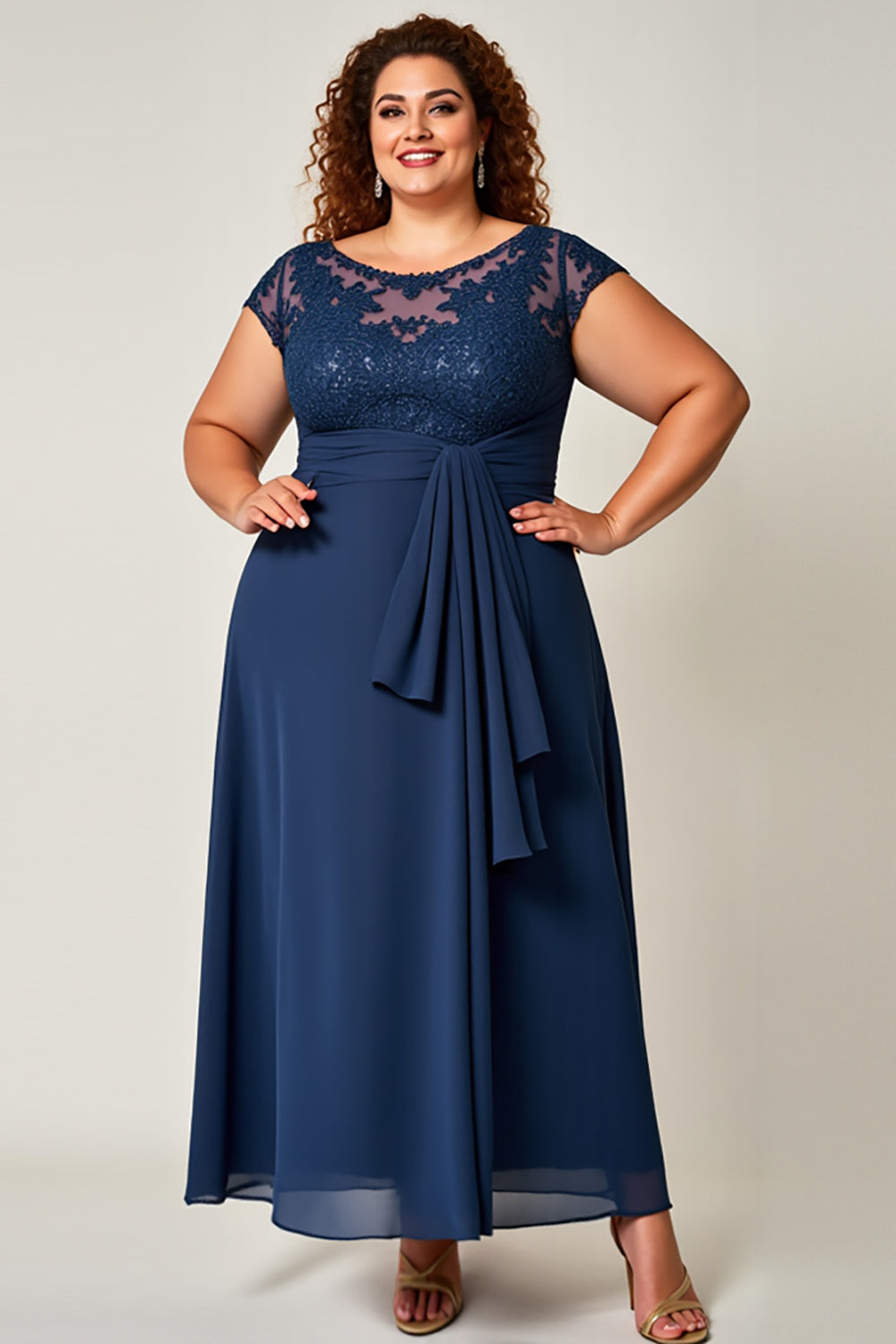 Plus Size Lace Chiffon Navy Mother of the Bride Dress