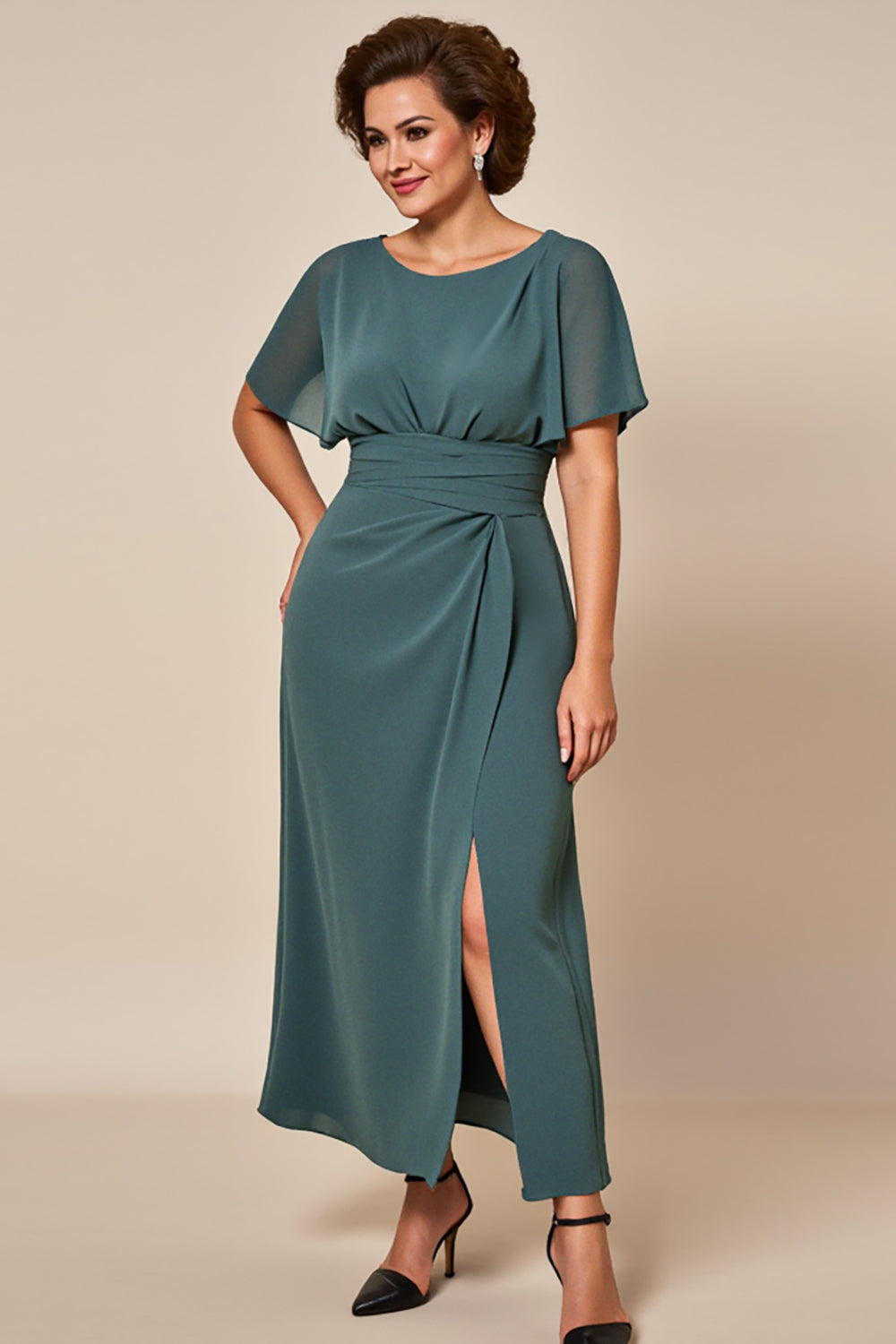 Grey Blue Chiffon Sheath Mother of the Bride Dress with Slit