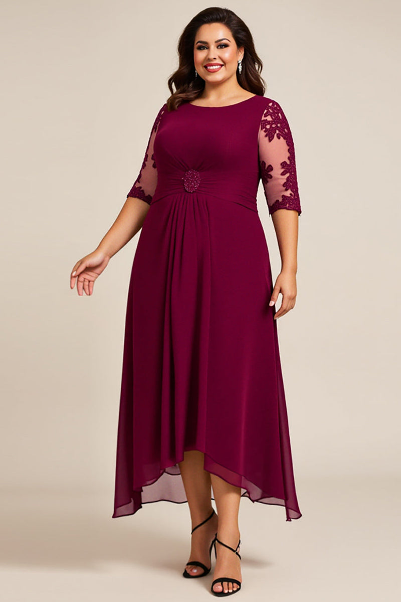 Load image into Gallery viewer, Burgundy Chiffon Plus Size Tea Length Mother of the Bride Dress