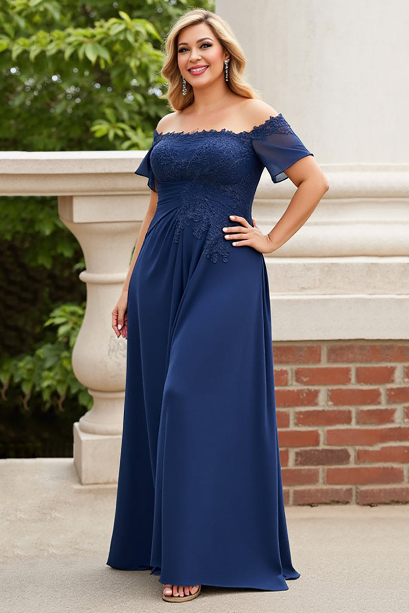 Load image into Gallery viewer, Navy Lace Off the Shoulder Plus Size Mother of the Bride Dress