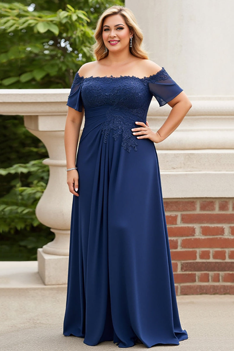 Load image into Gallery viewer, Navy Lace Off the Shoulder Plus Size Mother of the Bride Dress
