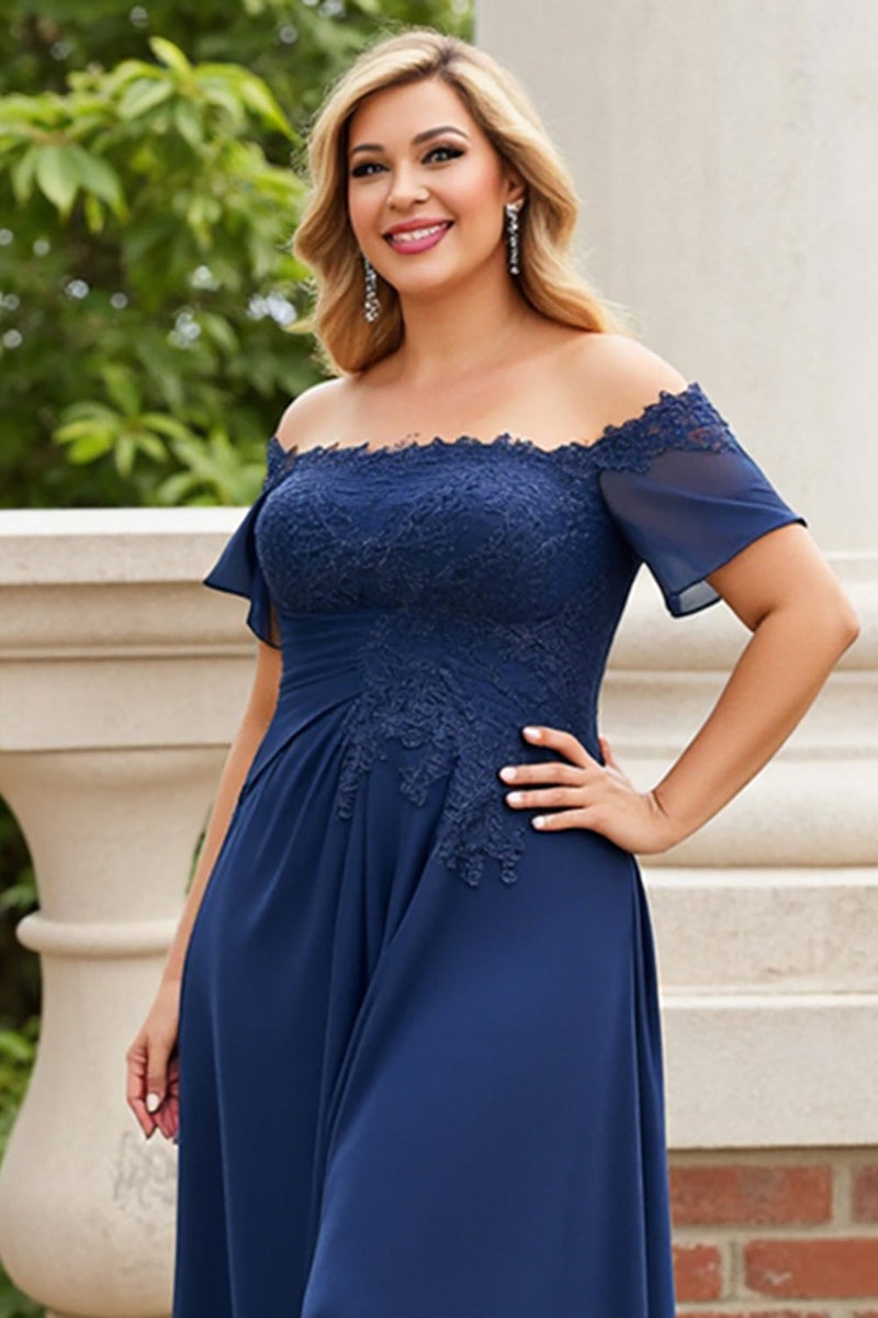 Load image into Gallery viewer, Navy Lace Off the Shoulder Plus Size Mother of the Bride Dress