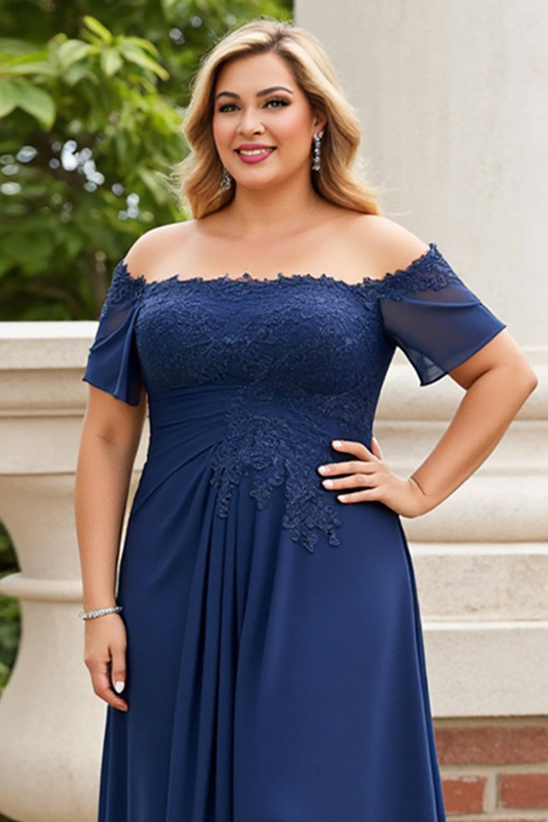 Load image into Gallery viewer, Navy Lace Off the Shoulder Plus Size Mother of the Bride Dress