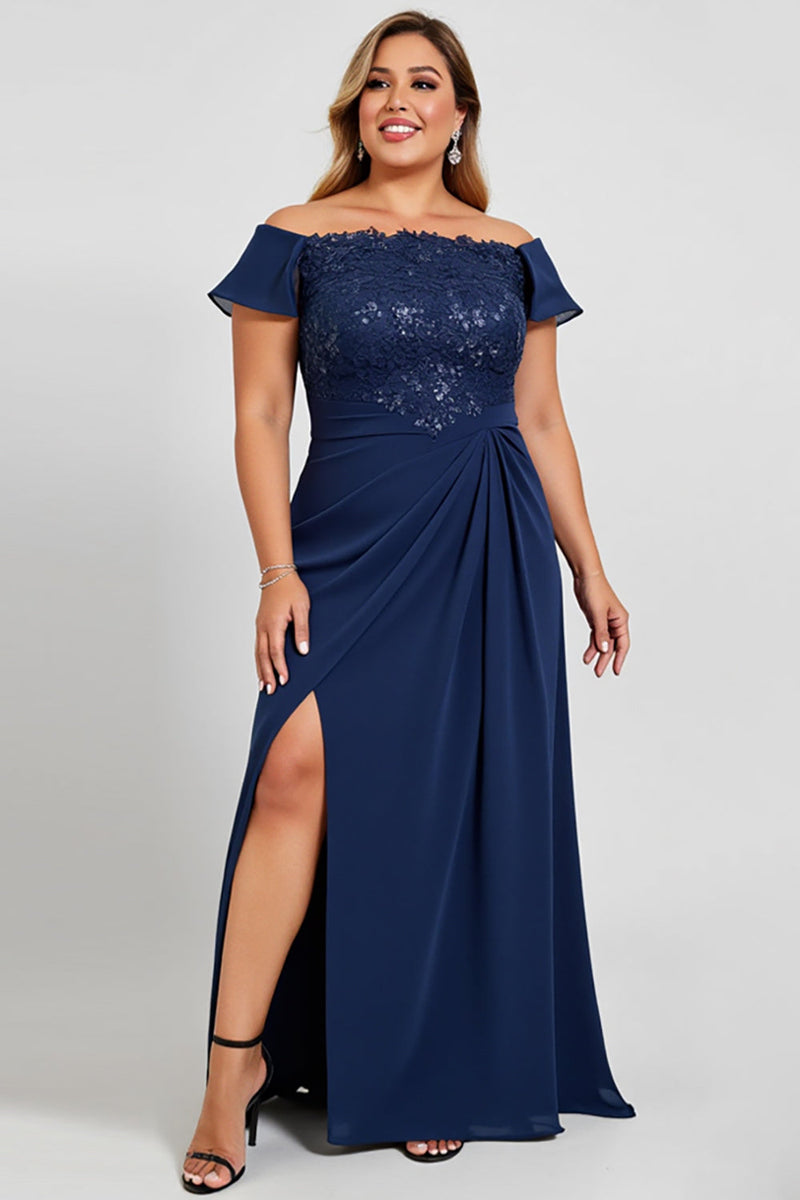 Load image into Gallery viewer, Off the Shoulder Lace Navy Plus Size Mother of the Bride Dress