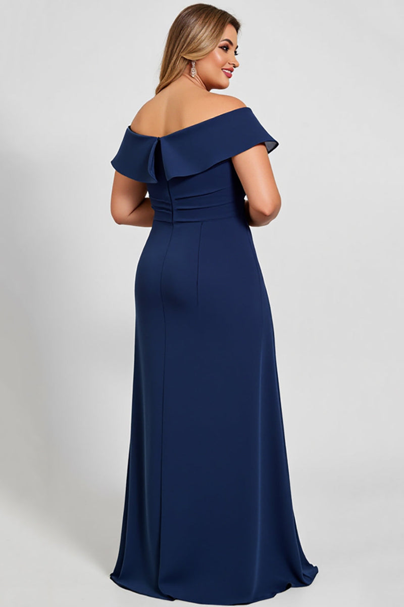 Load image into Gallery viewer, Off the Shoulder Lace Navy Plus Size Mother of the Bride Dress