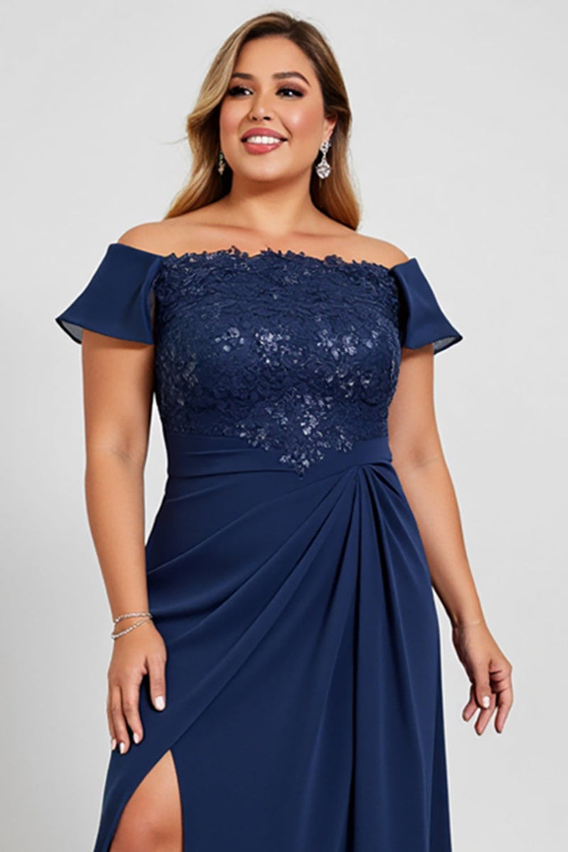 Load image into Gallery viewer, Off the Shoulder Lace Navy Plus Size Mother of the Bride Dress