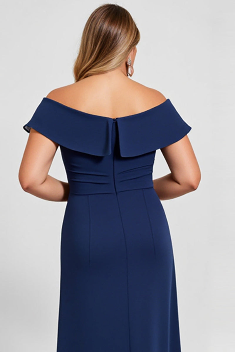 Load image into Gallery viewer, Off the Shoulder Lace Navy Plus Size Mother of the Bride Dress