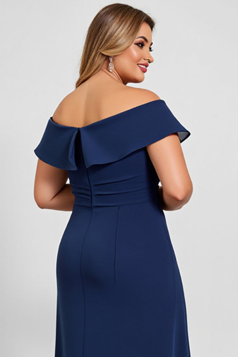 Load image into Gallery viewer, Off the Shoulder Lace Navy Plus Size Mother of the Bride Dress