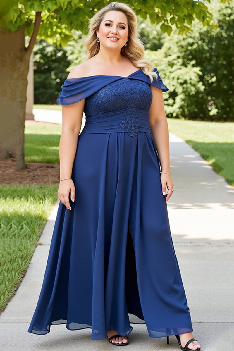 Load image into Gallery viewer, Lace Off the Shoulder Navy Plus Size Mother of the Bride Dress