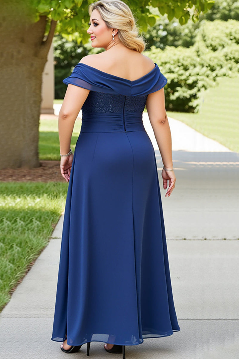 Load image into Gallery viewer, Lace Off the Shoulder Navy Plus Size Mother of the Bride Dress