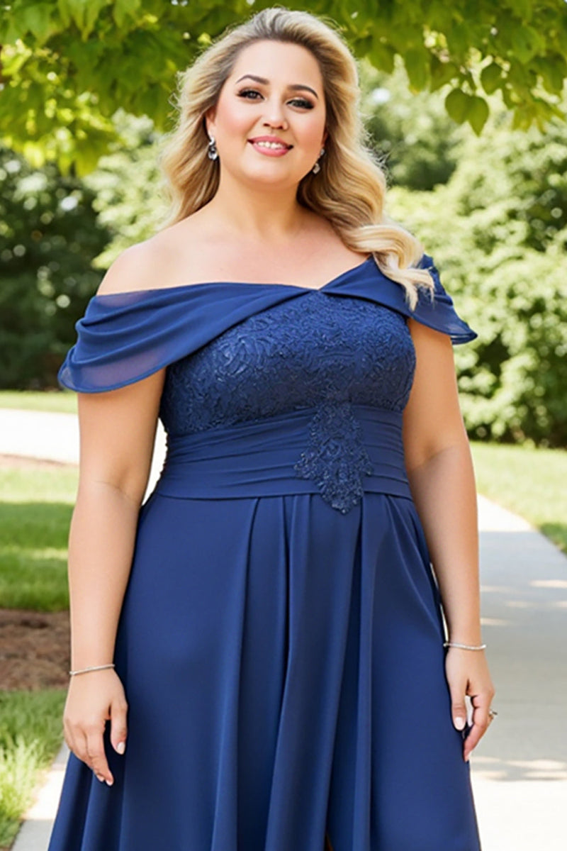 Load image into Gallery viewer, Lace Off the Shoulder Navy Plus Size Mother of the Bride Dress