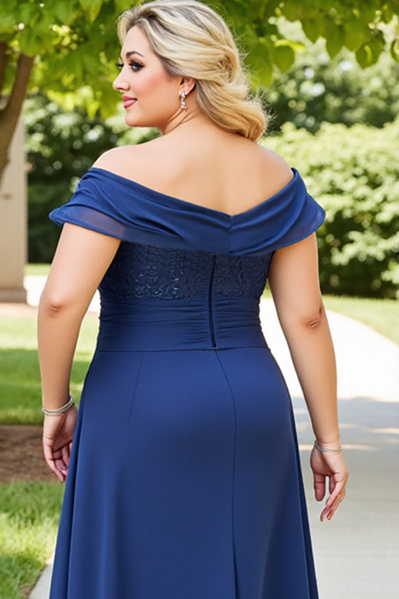 Load image into Gallery viewer, Lace Off the Shoulder Navy Plus Size Mother of the Bride Dress